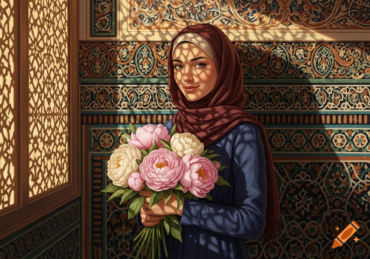 A woman in a hijab holding a bouquet of pink and white peonies in an ornate room with patterned walls and dappled sunlight.