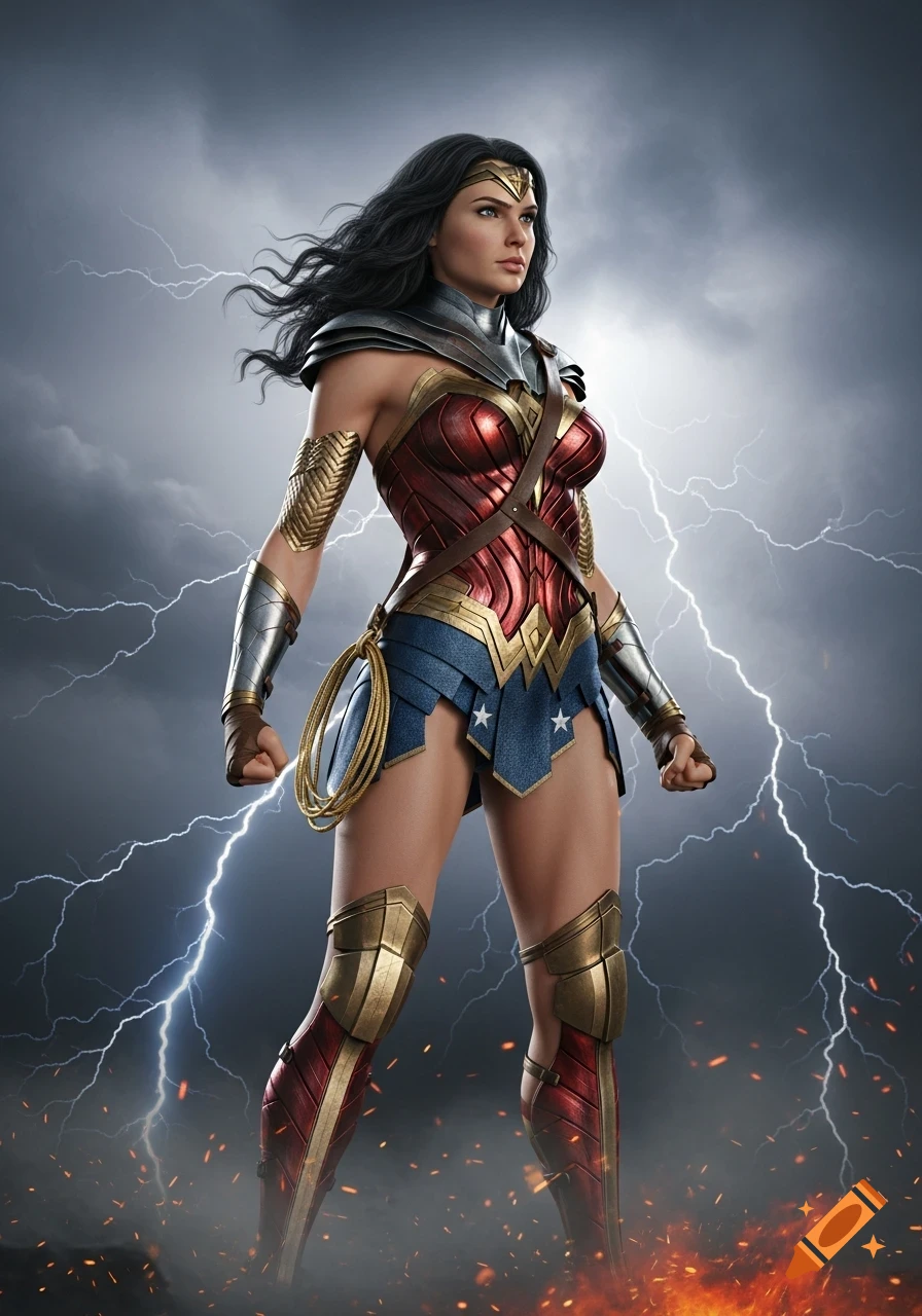 Full-body shot of Wonder Woman in her red, blue, and gold armor, standing confidently against a stormy sky with lightning and fire.