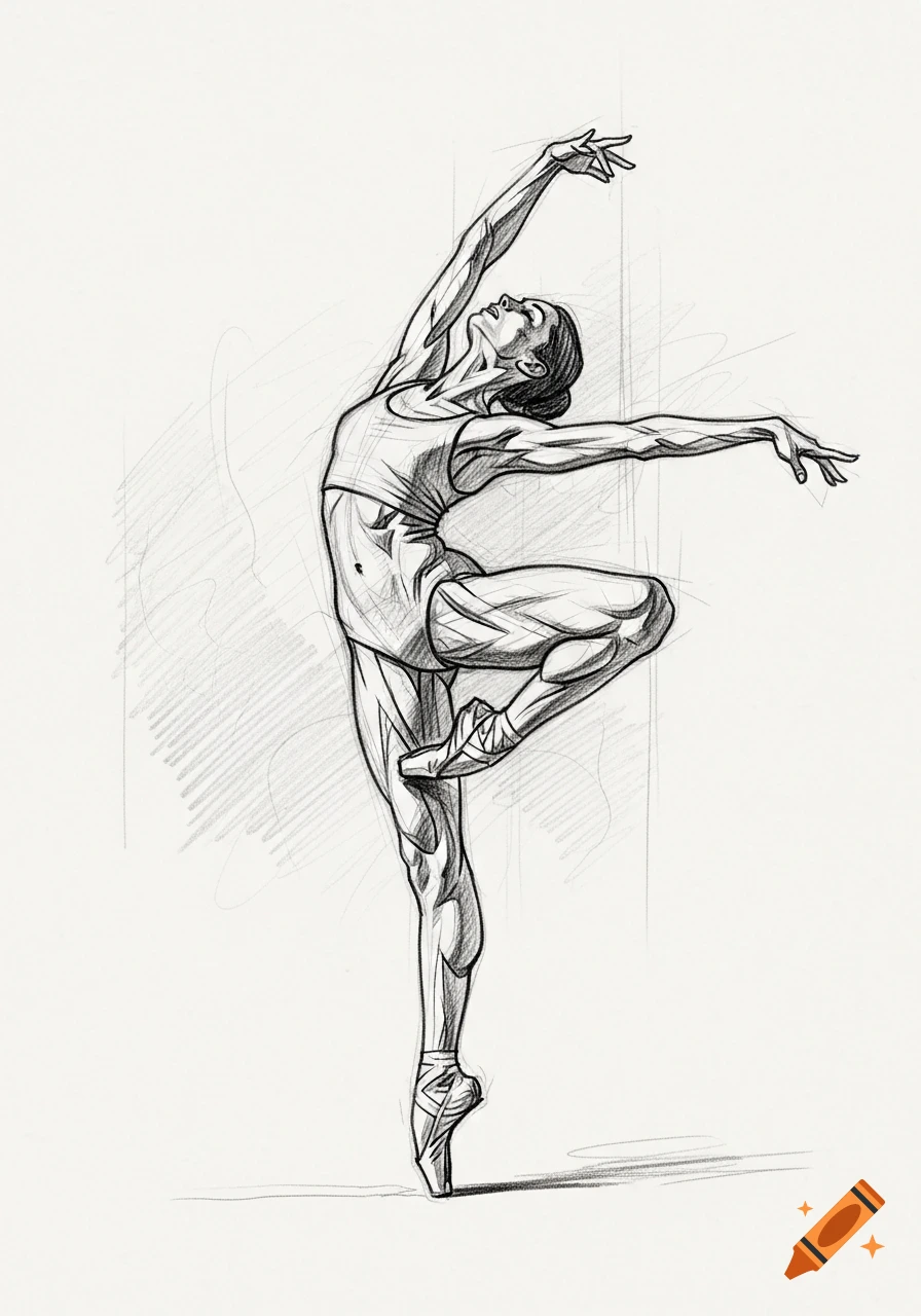 A detailed pencil sketch of a ballerina en pointe, captured mid-dance with graceful, extended limbs and strong musculature.