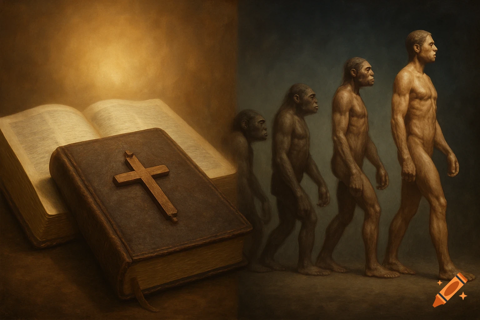 A split image contrasting faith and science. On the left, a Bible with a cross; on the right, the evolutionary progression from ape to human.