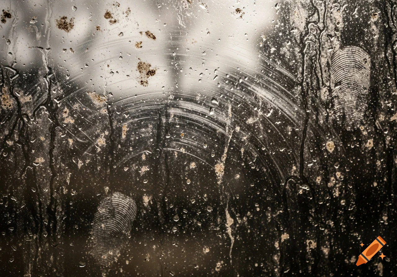 Close-up photo of a dirty window glass covered in water droplets, smudges, and fingerprints.