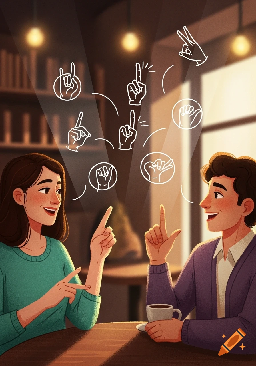 Two smiling people at a cafe table using sign language, with illustrative hand gestures floating above them.