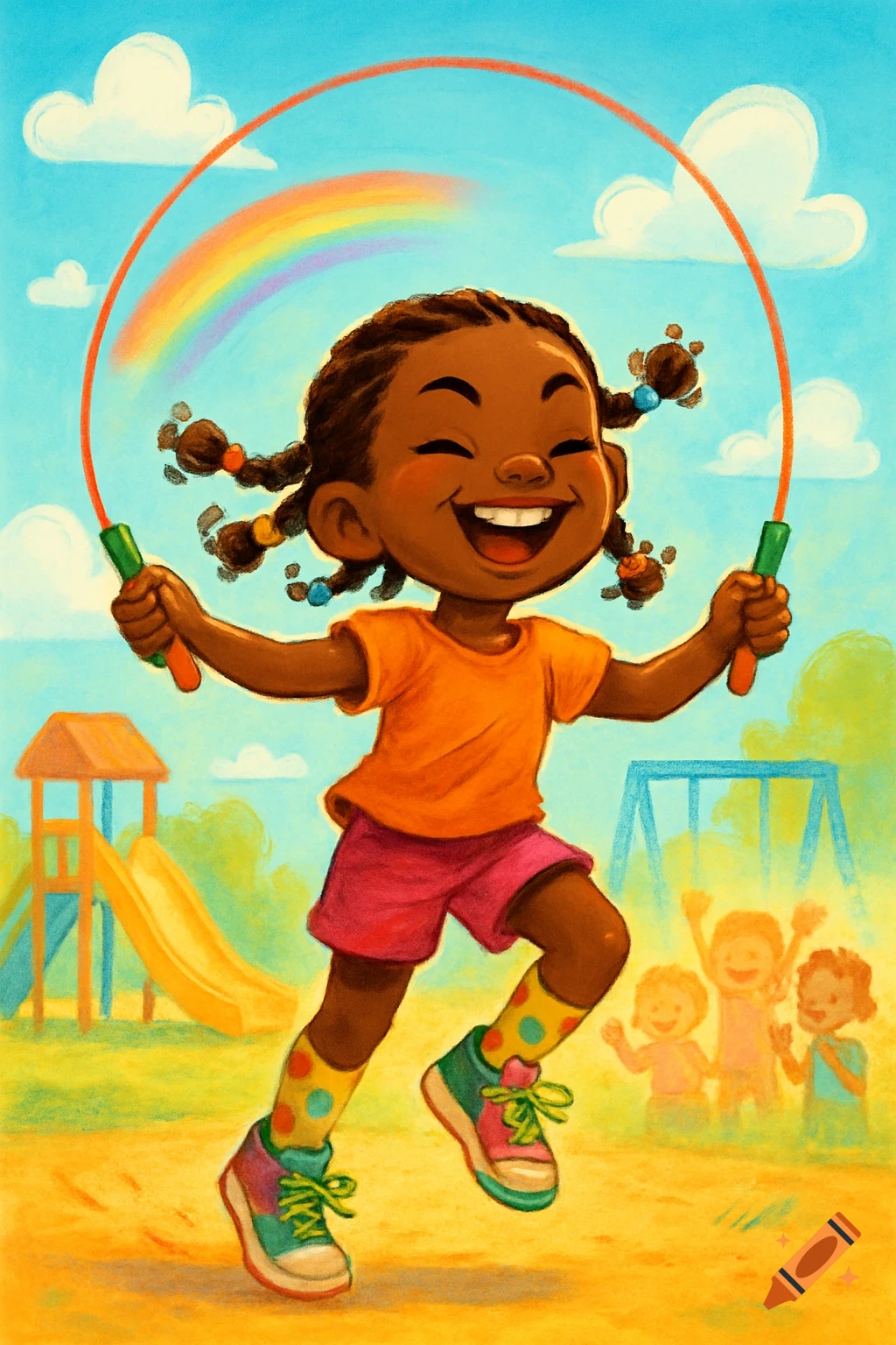 A joyful cartoon girl with braids jumps rope in a sunny park with a rainbow and playground.