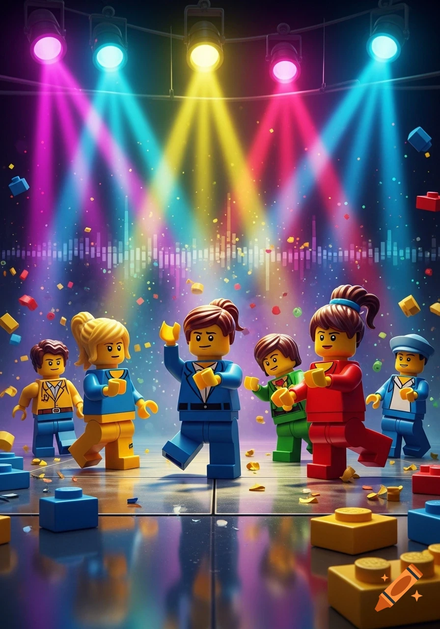 Lego minifigures dance under colorful spotlights at a party, with scattered Lego bricks resembling confetti.