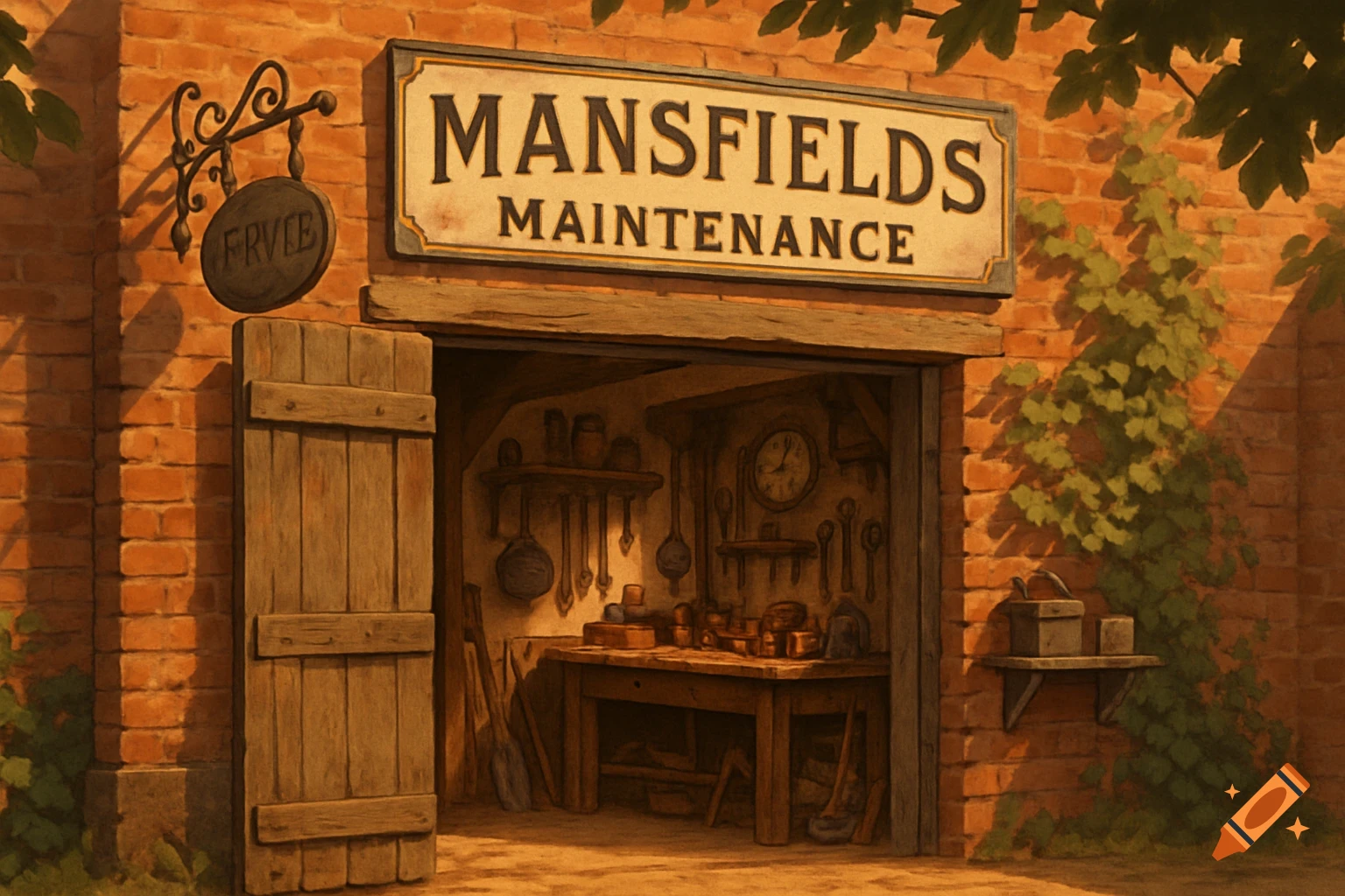 A rustic brick building with a wooden door open to reveal a maintenance shop interior filled with tools. A sign above the door reads "MANSFIELDS MAINTENANCE," and a smaller hanging sign next to the door displays the word "FRVEE."
