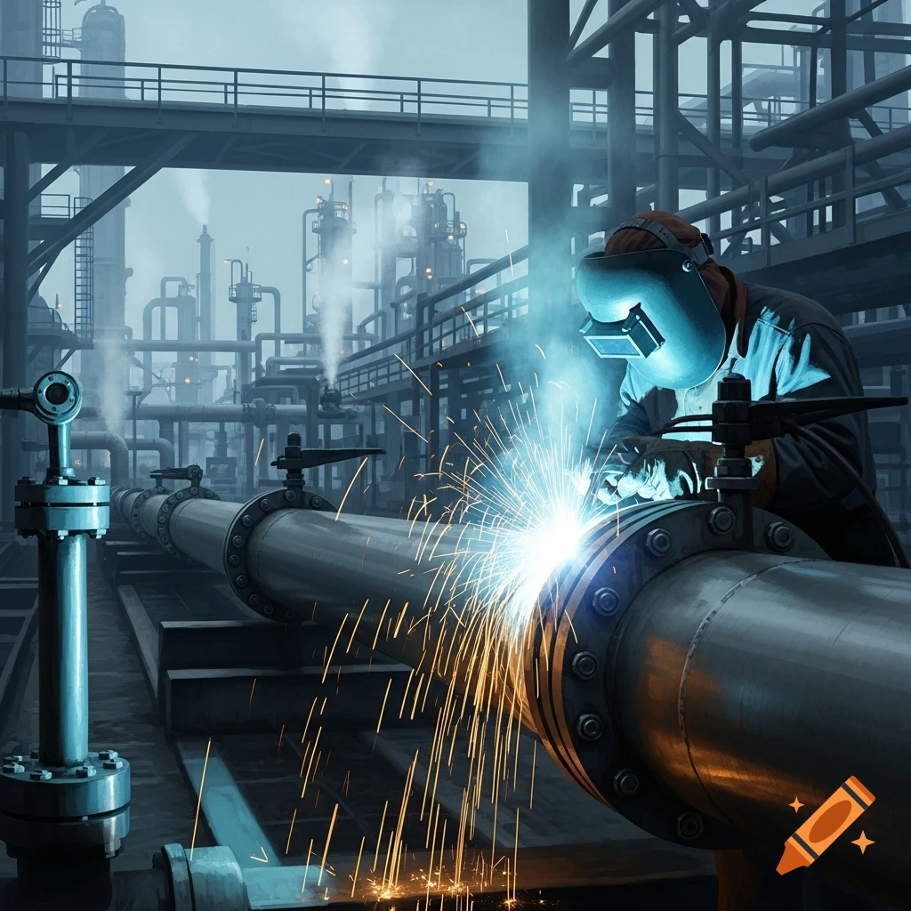 A welder in protective gear creates bright sparks while working on a large pipeline in a smoky industrial refinery setting.