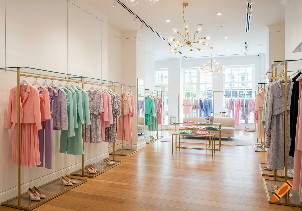 A bright, modern clothing boutique with racks of pastel-colored dresses and suits, gold fixtures, and light wood floors.