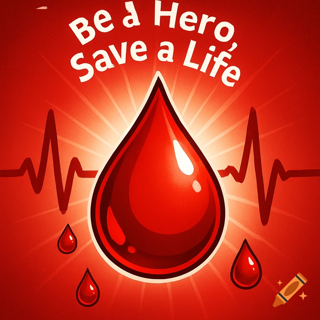 Red blood donation poster with stylized blood drops, an EKG line, and the text 'Be a Hero, Save a Life'.