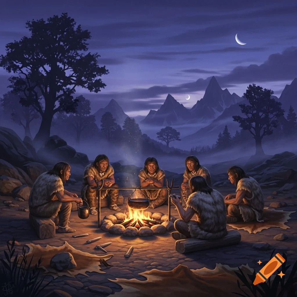 Early humans in furs gather around a campfire, cooking food in a pot under a crescent moon in a mountain landscape.