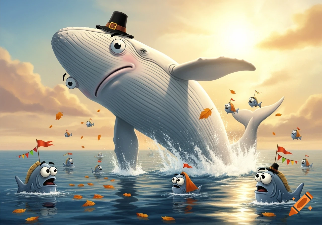 A sad-faced cartoon whale wearing a pilgrim hat breaches from the ocean, surrounded by surprised cartoon fish and autumn leaves at sunset.