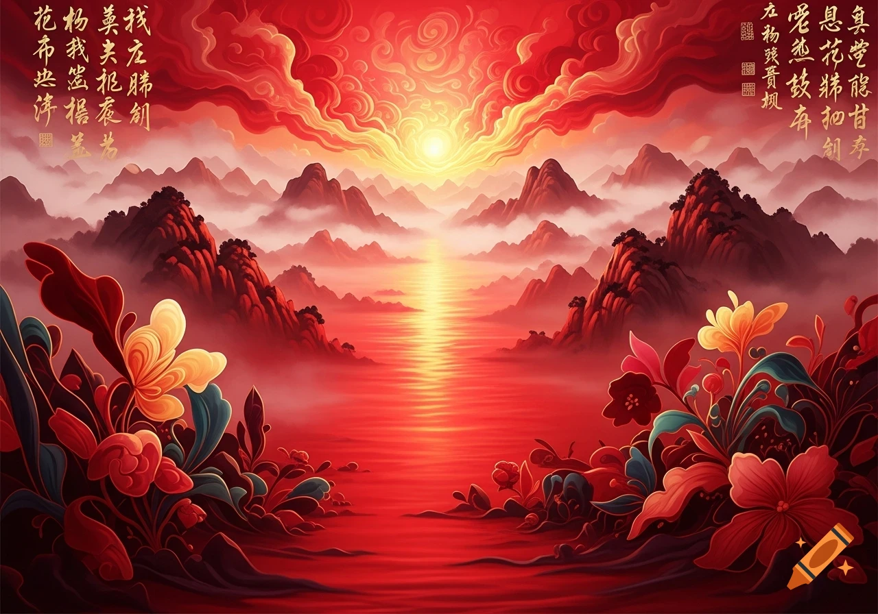 A vibrant, stylized Chinese landscape painting with red mountains, a glowing red river reflecting a bright yellow sun, and large, ornate flowers in the foreground, all under a fiery red sky.