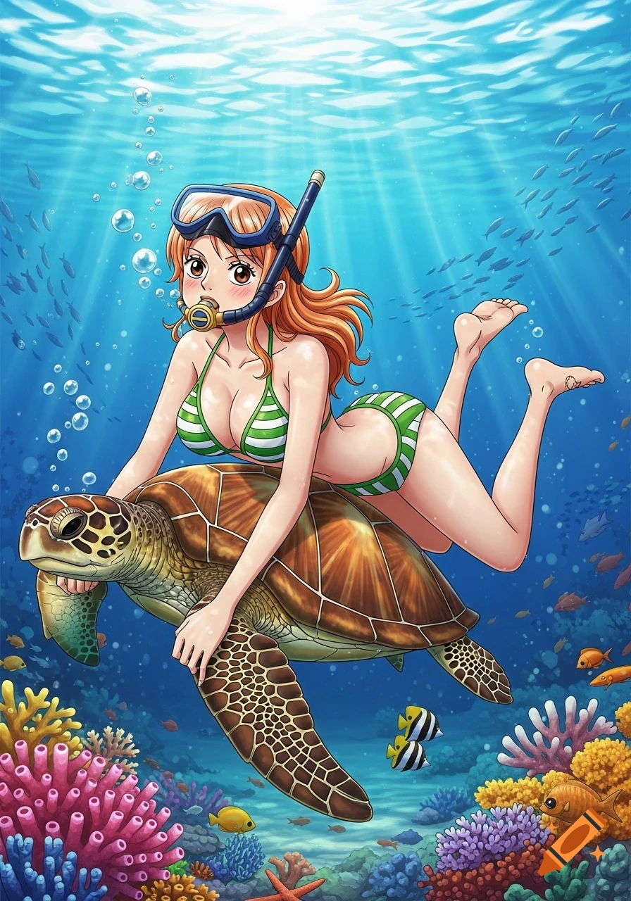 Nami from One Piece in a green striped bikini swims underwater with a sea turtle, surrounded by colorful coral and fish, in anime style.