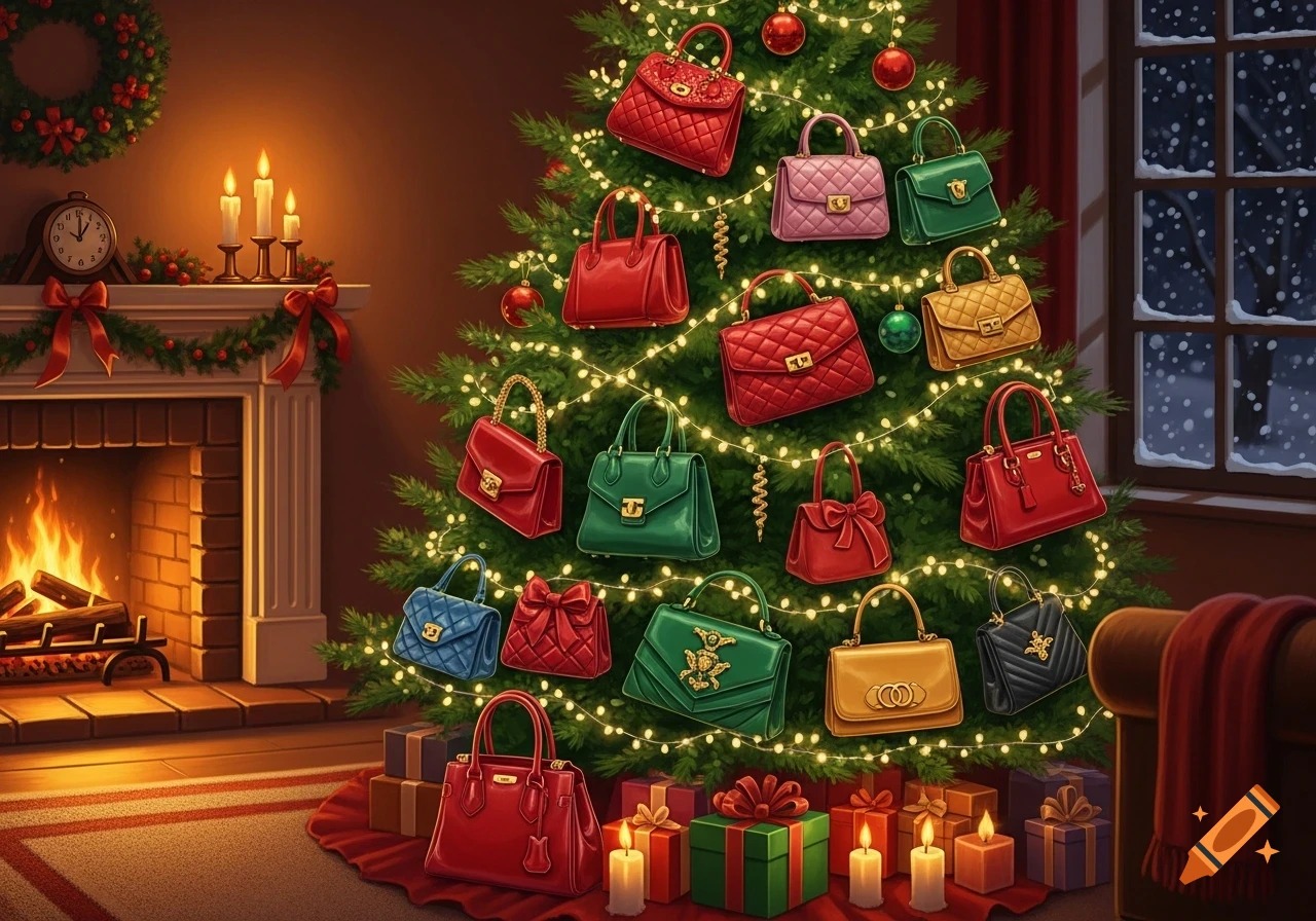A festive Christmas tree decorated with numerous colorful handbags and sparkling lights, next to a cozy fireplace and a snowy window.