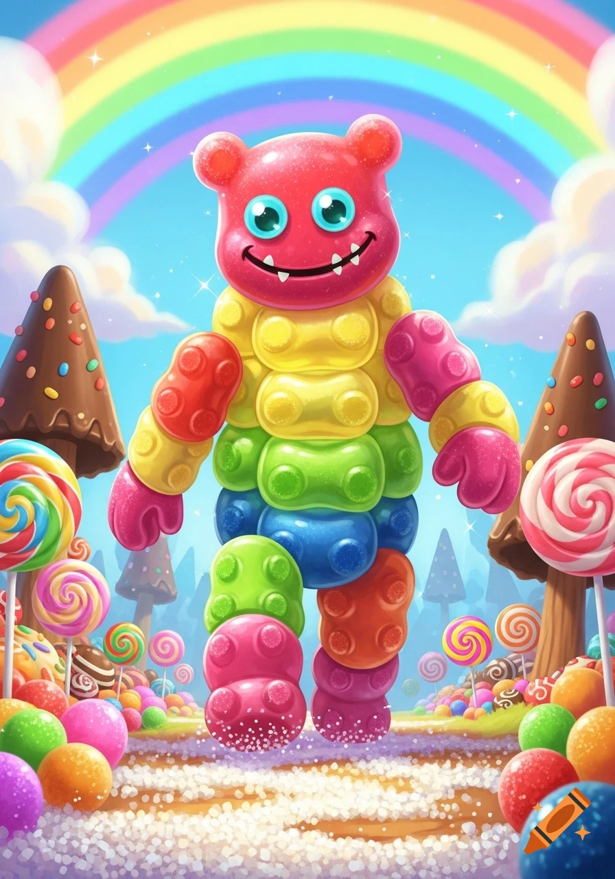 A vibrant gummy bear-like candy monster smiles in a whimsical candy land under a rainbow, surrounded by lollipops and sweets.