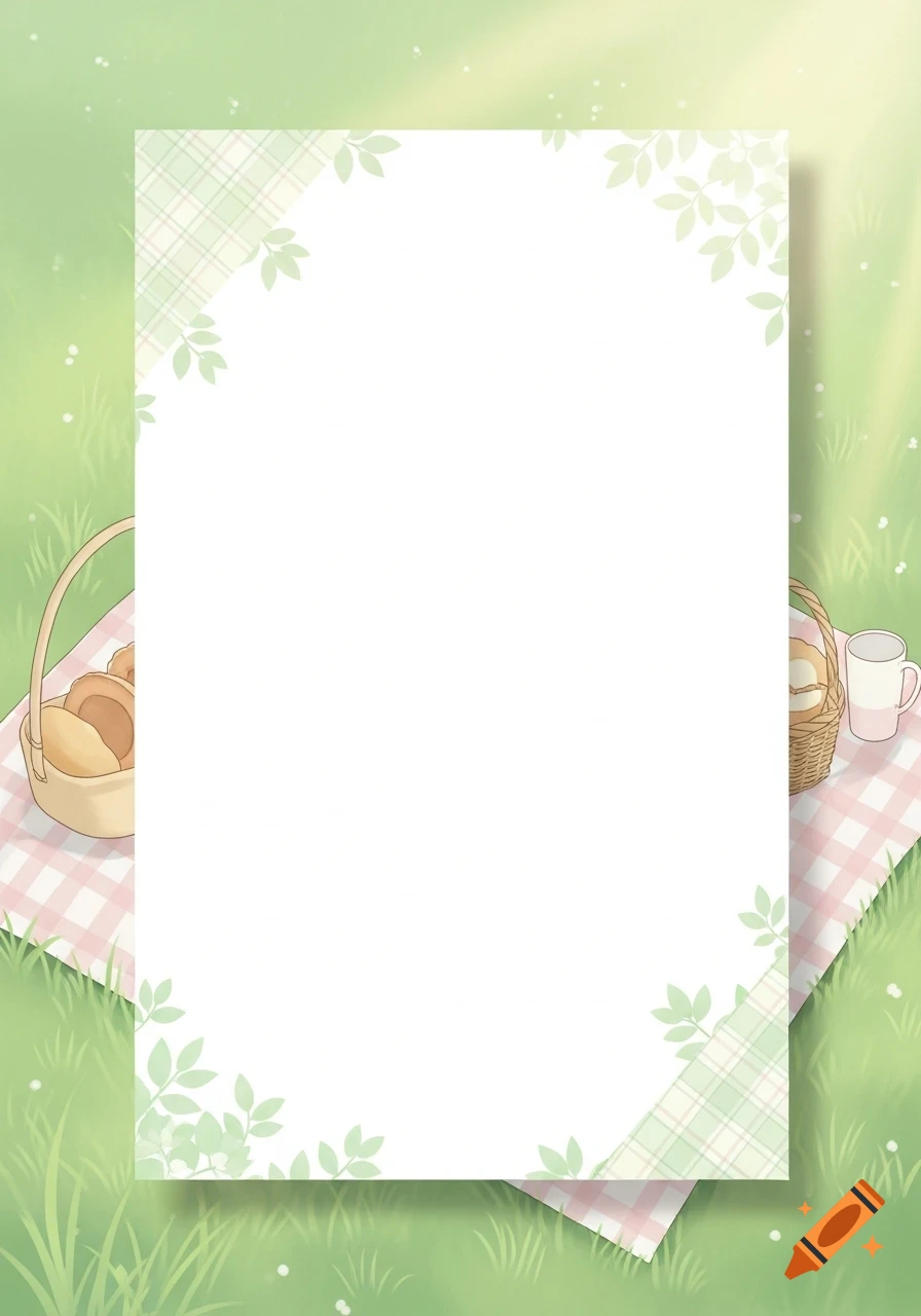 A soft pastel illustration of a picnic scene with a clean white rectangular space in the center, surrounded by green grass, a pink checkered blanket, picnic baskets with bread, and a mug under hazy sunlight.