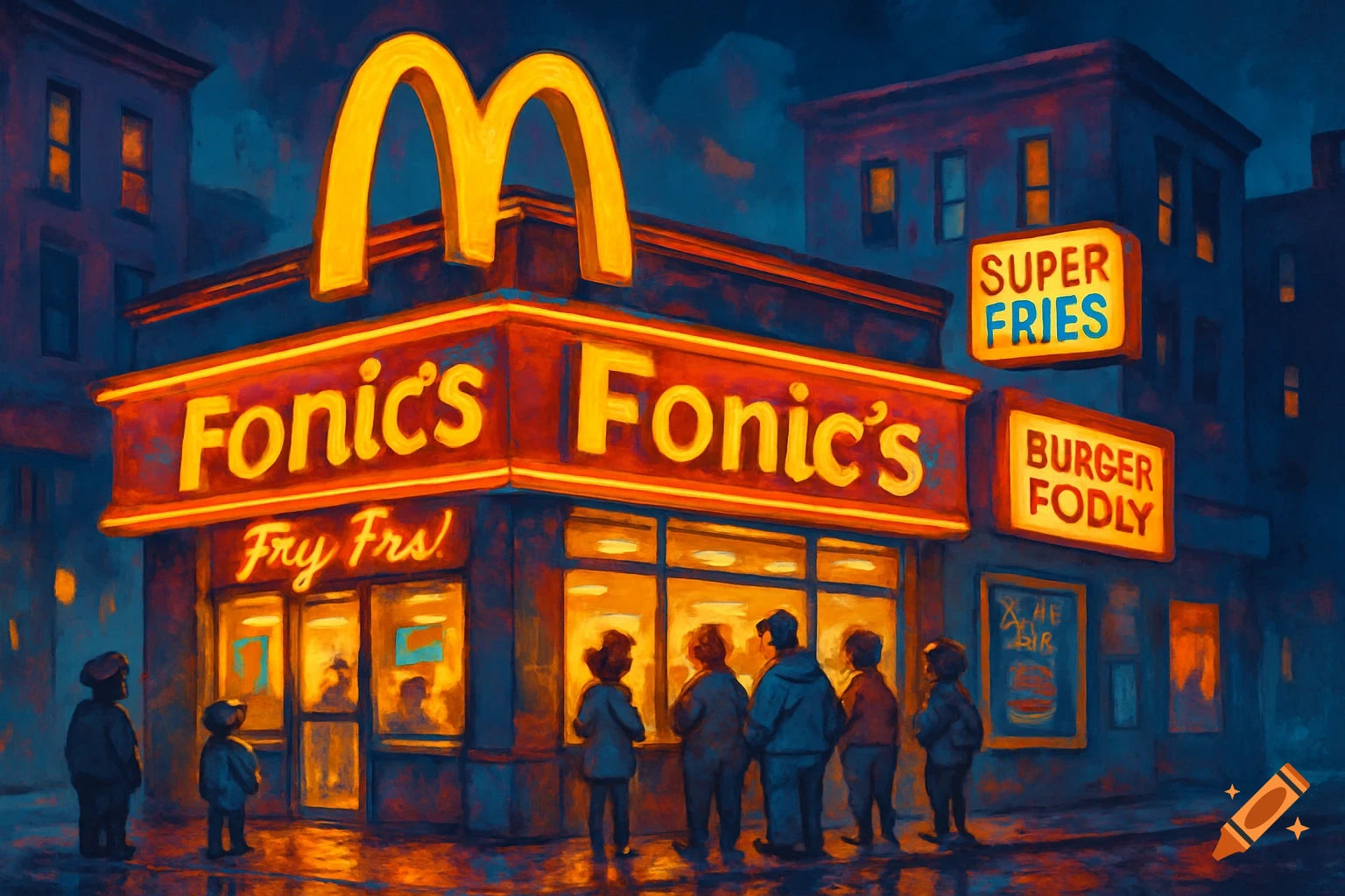 A dark, painterly image of a fast-food restaurant at night, with neon signs for "Fonic's," "SUPER FRIES," and "BURGER FODLY." People stand outside.