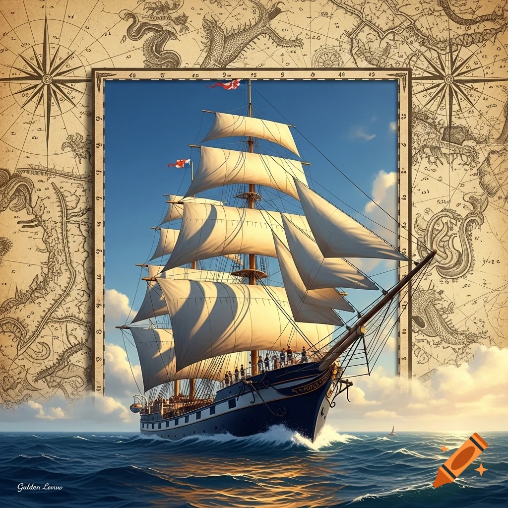 A large sailing ship with white sails navigates blue ocean waves, framed by a detailed antique sea map background, with 'Gulden Leeuw' text.