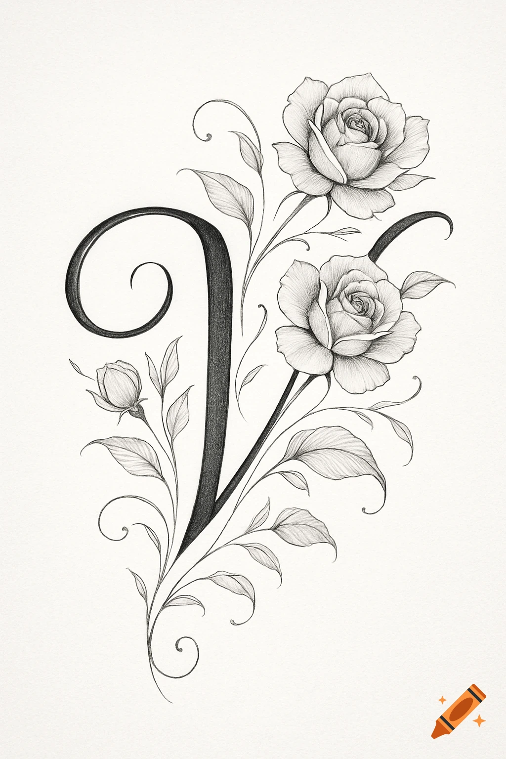Pencil sketch of an ornate letter V intertwined with roses and leaves on a light background.