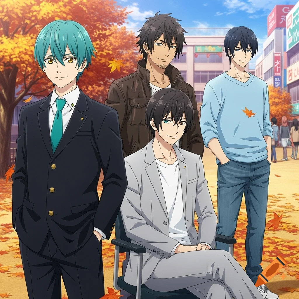 Four anime-style male characters stand and sit in an outdoor autumn park with orange leaves. One in a suit, one in a leather jacket, one in a light suit in a wheelchair, and one in a blue sweater.