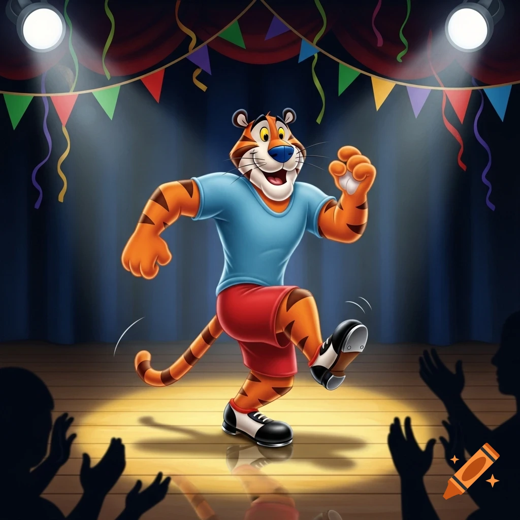 Tony the Tiger tap dancing on a spotlighted stage with colorful banners and cheering audience silhouettes.