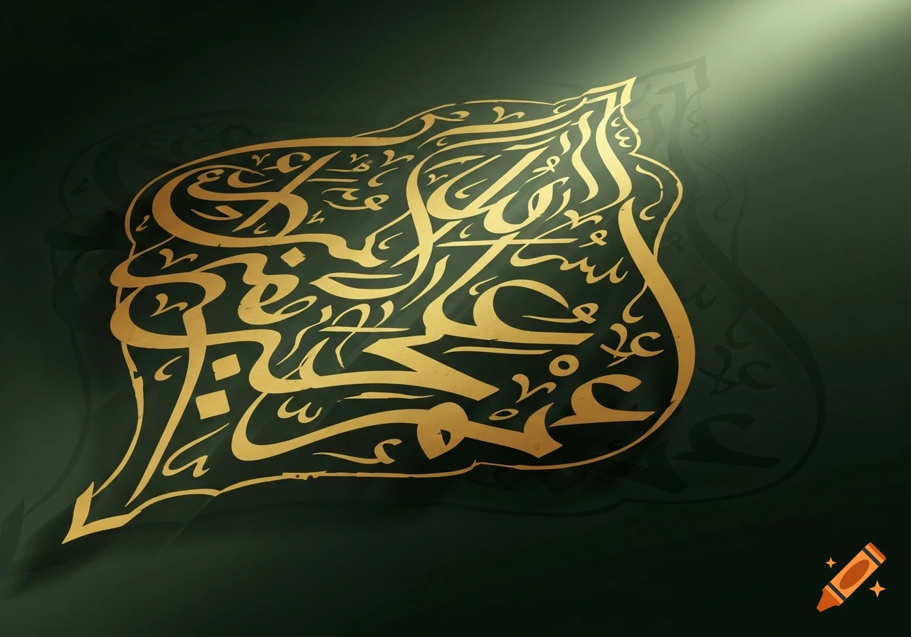 Elegant gold Arabic calligraphy in an abstract pattern on a dark green background with a soft light glow.