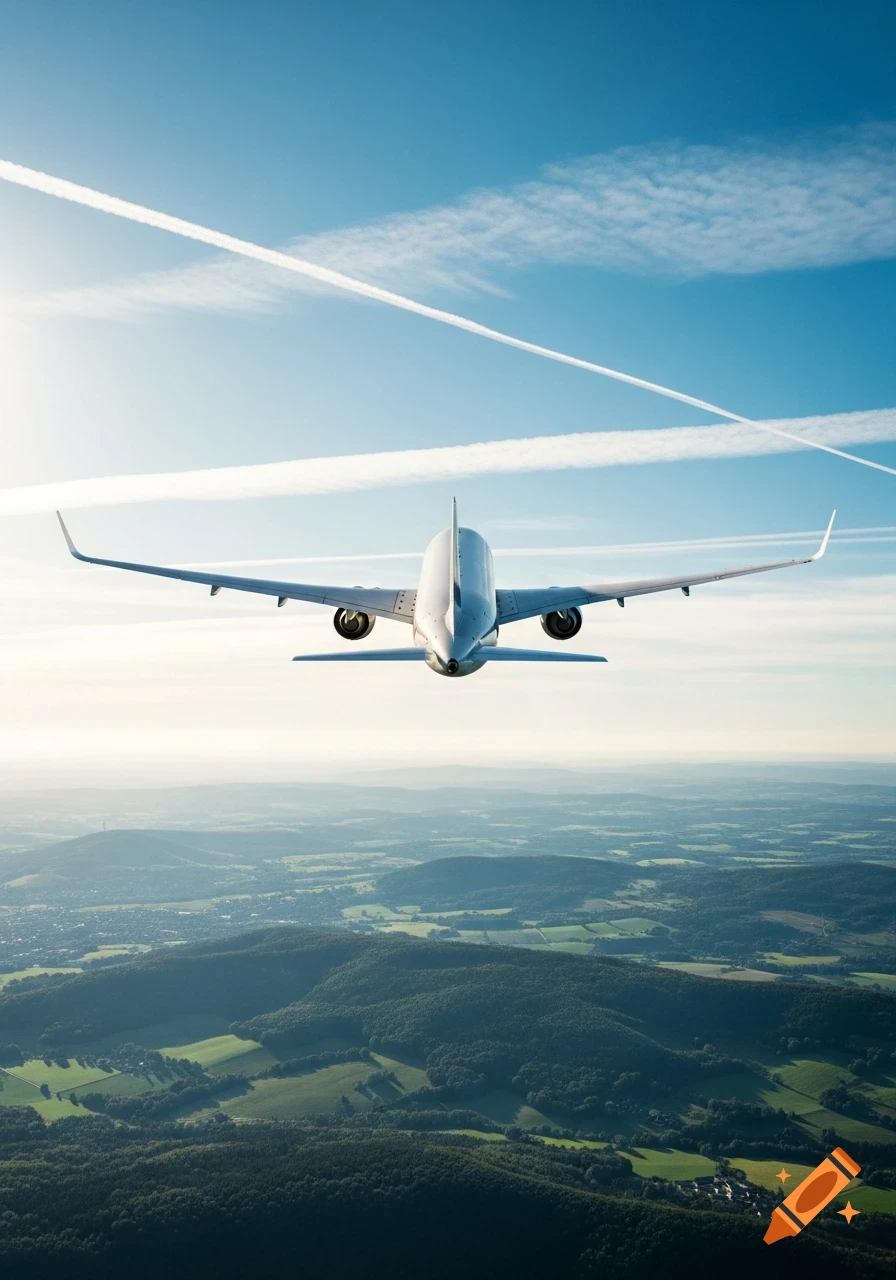 A white passenger airplane flies high above a vast green landscape under a bright blue sky with white contrails, seen from behind.