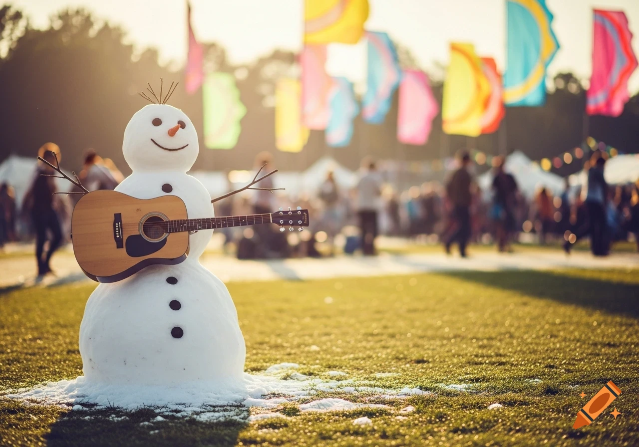 A snowman with an acoustic guitar stands in a sunny grassy field with blurred festival flags and crowds in the background.
