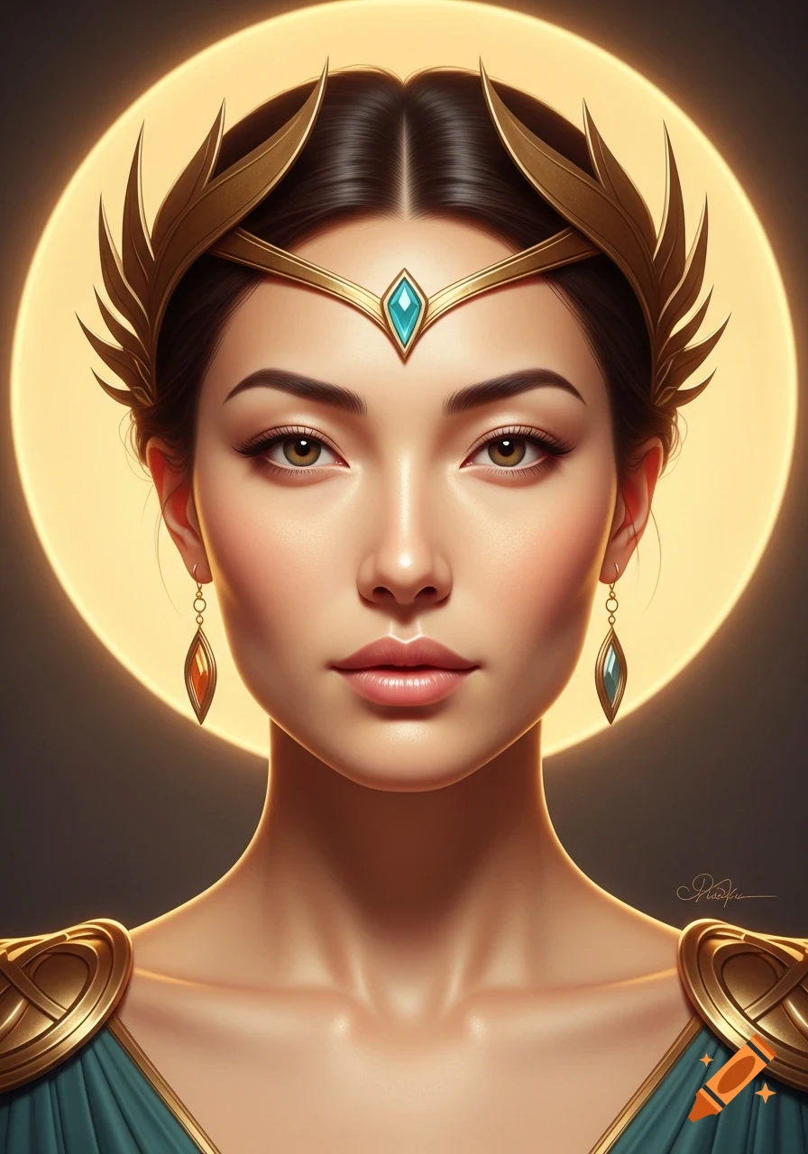 Hyper-realistic portrait of a regal woman with a golden crown, teal gem, and glowing halo.