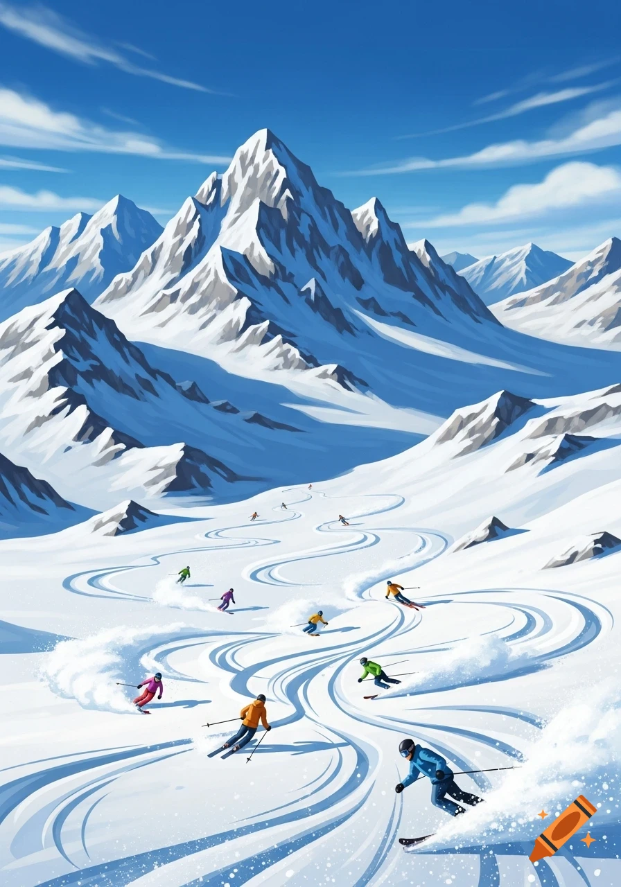 Illustrated scene of multiple skiers carving down a winding snowy mountain slope under a clear blue sky.