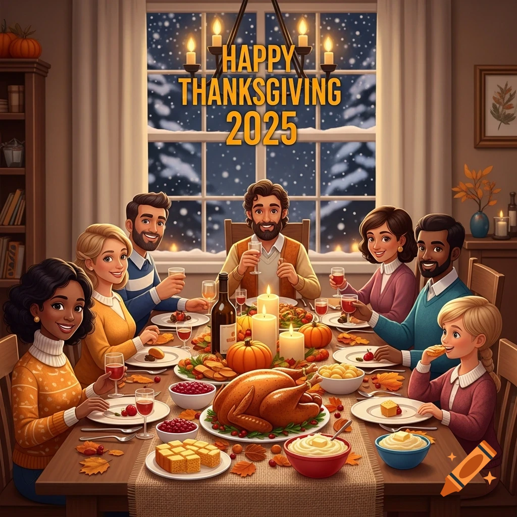 An illustration of a diverse family enjoying a Thanksgiving dinner with a roasted turkey and "Happy Thanksgiving 2025" text above a snowy window.