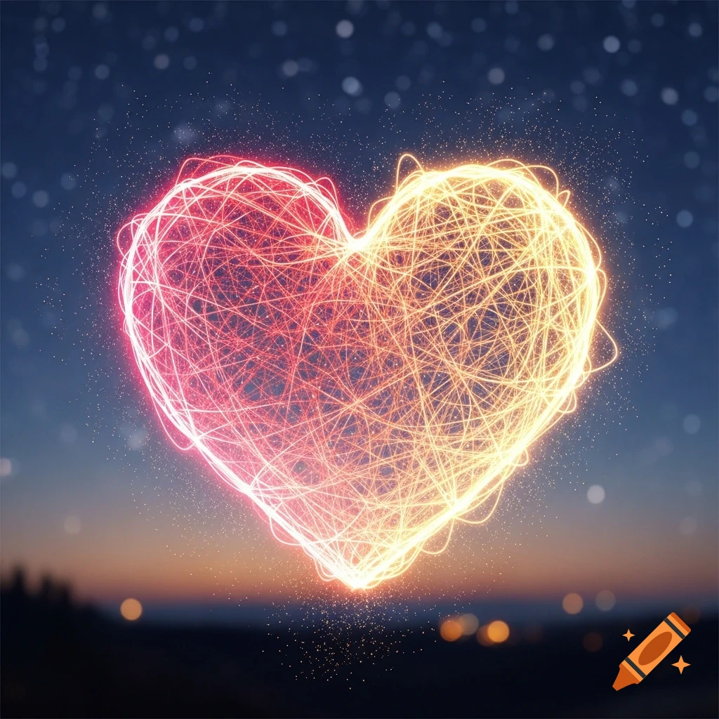 A glowing, intricate heart made of red and gold light trails floats against a dark blue, starry sky with blurred city lights below.