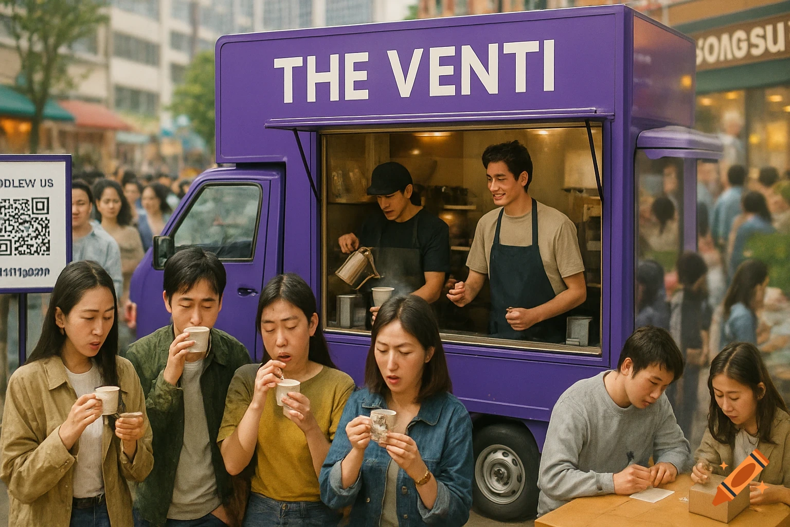 People gather around a purple food truck named "THE VENTI" selling drip coffee on a bustling city street, with customers sipping drinks and two baristas working inside the truck.