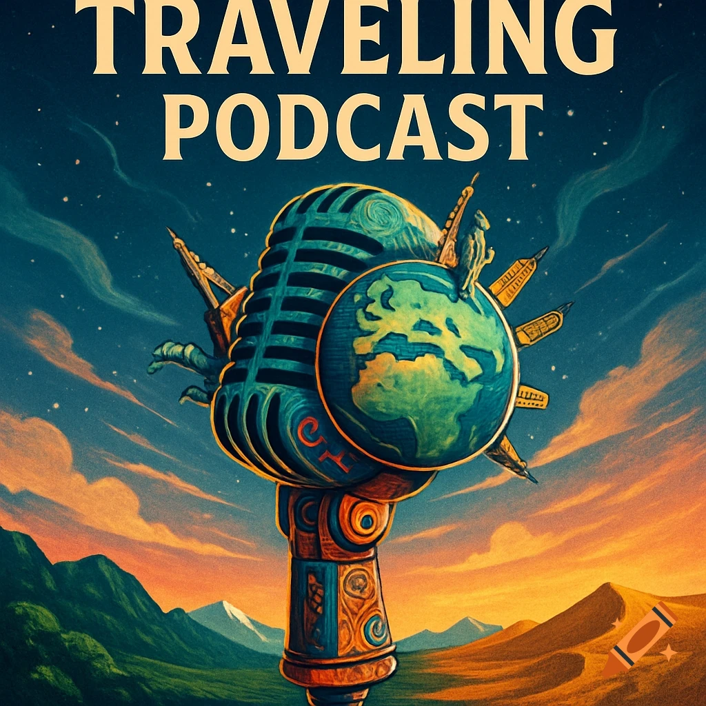Stylized illustration of a vintage microphone with a globe and travel elements (mountains, desert) against a starry sky, with 'TRAVELING PODCAST' text.