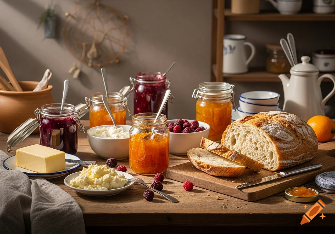 Rustic breakfast table with sliced bread, jars of colorful jams, butter, cottage cheese, and fresh raspberries, bathed in warm light.
