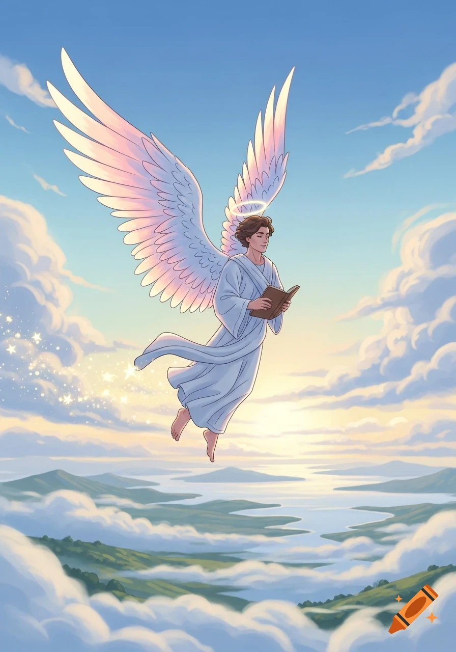An illustration of an angel with large white wings flying in a bright sky, reading a book above clouds and green mountains.