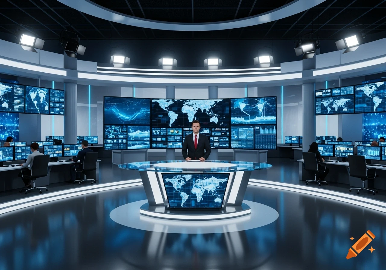 Photorealistic image of a male news anchor in a modern studio with multiple screens showing world maps and data.