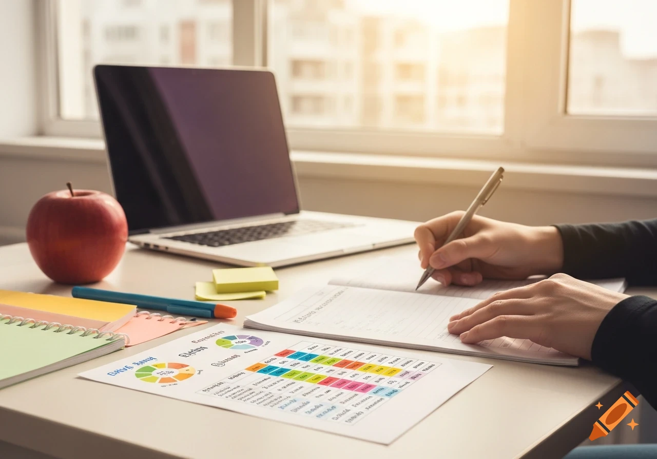 A person writes in a notebook at a desk with a laptop, an apple, and documents, bathed in warm sunlight.