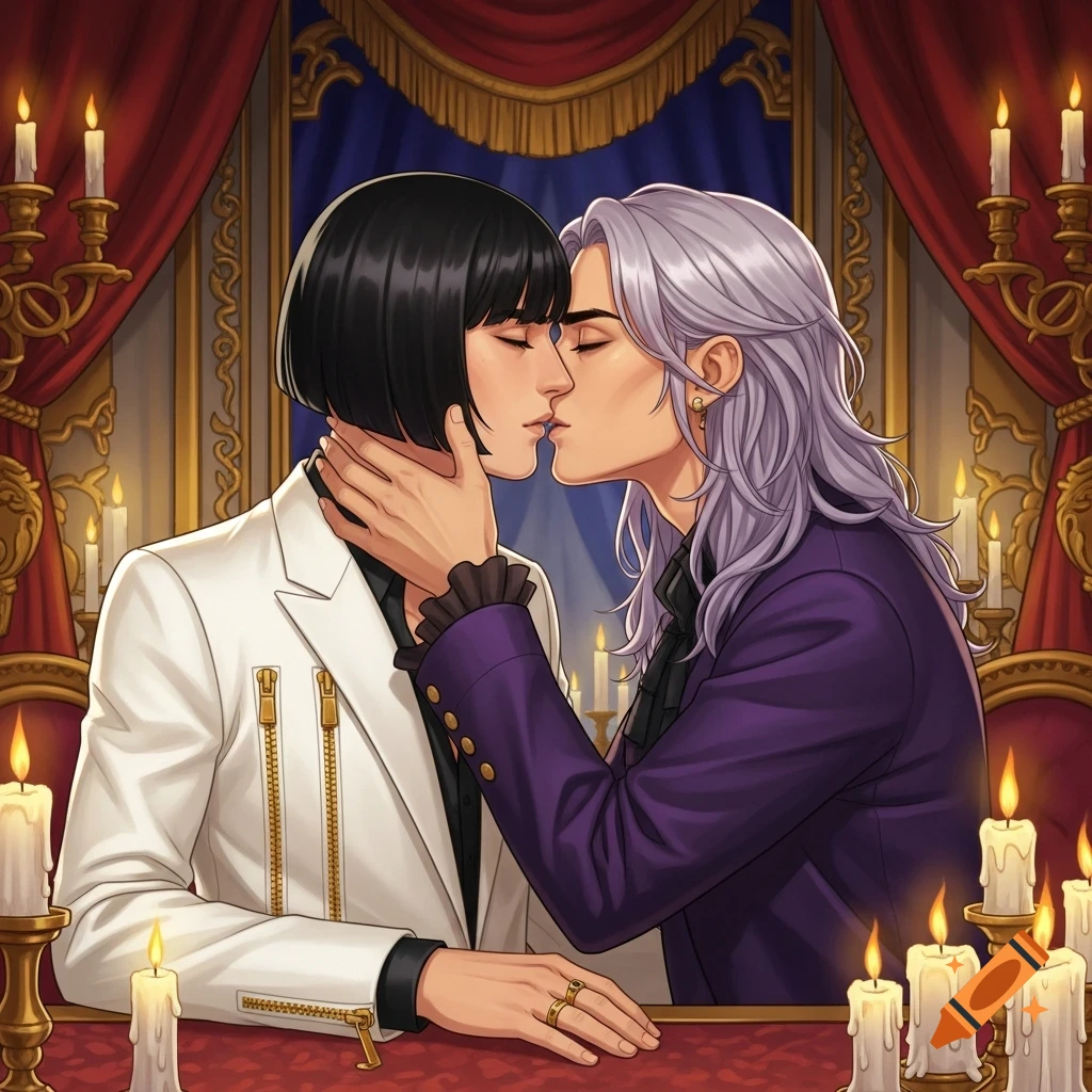 Two anime men with black and silver hair kissing intimately in an opulent, candlelit room.