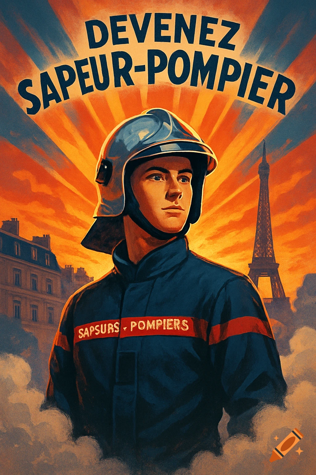 Vintage poster illustration of a young male firefighter in uniform and helmet, with the Eiffel Tower and Parisian buildings under a vibrant sky. Text reads 'DEVENEZ SAPEUR-POMPIER'.