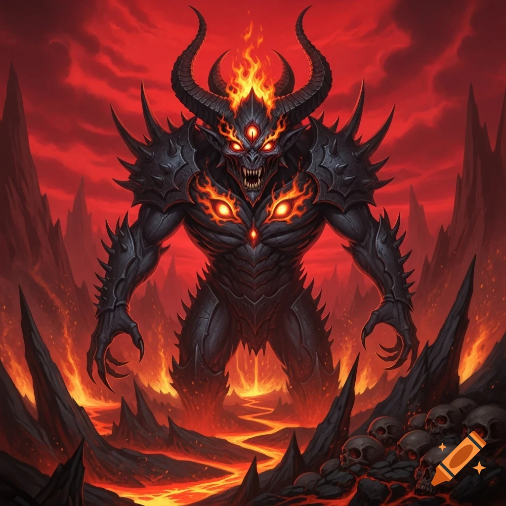 A giant, spiked, three-eyed demon with horns stands in a fiery, hellish landscape with flowing lava and piles of skulls.