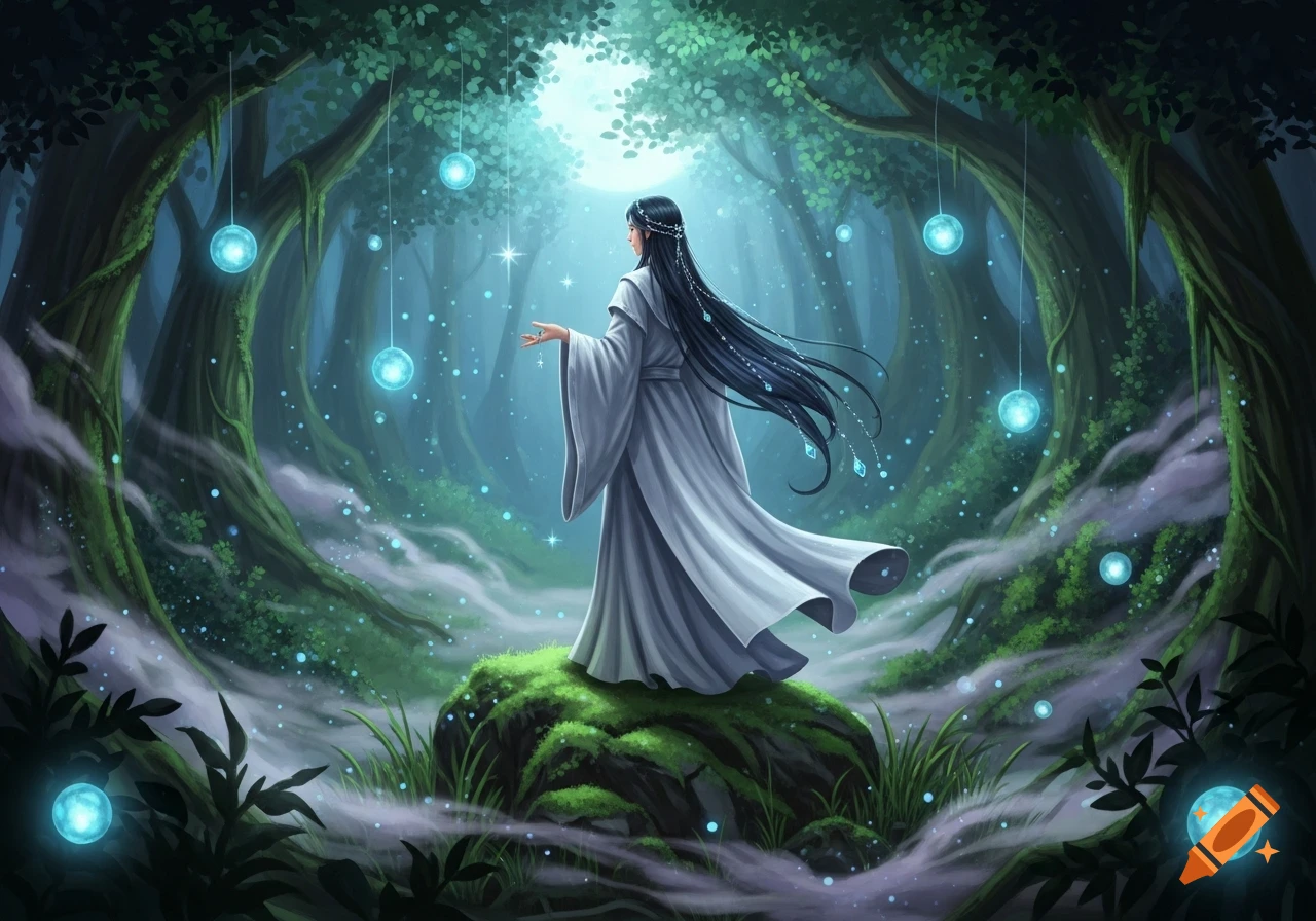 A woman with long dark hair in a white robe stands on a mossy rock in ...