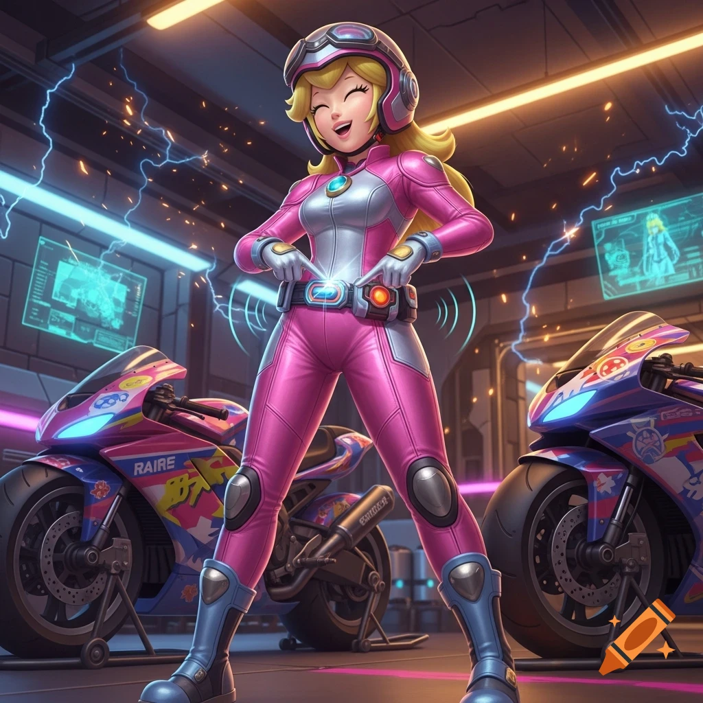 Princess Peach in a pink and white biker suit laughs in a futuristic garage with two motorcycles.