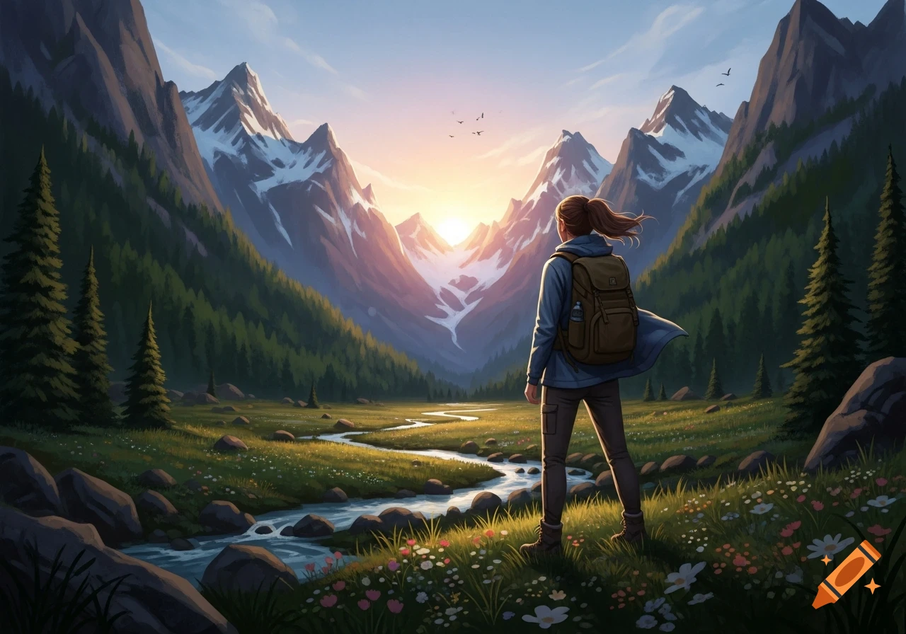 A hiker stands in a lush mountain valley at sunrise, looking towards snow-capped peaks and a winding river.