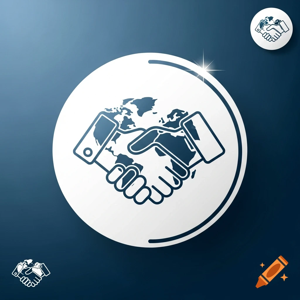 An icon of two hands shaking over a world map inside a white circle, set against a dark blue background.