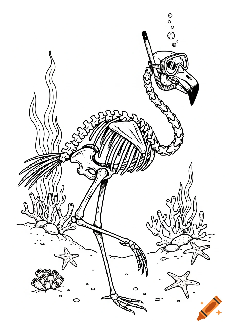 A black and white cartoon drawing of a flamingo skeleton wearing a snorkel and mask underwater with coral and starfish.