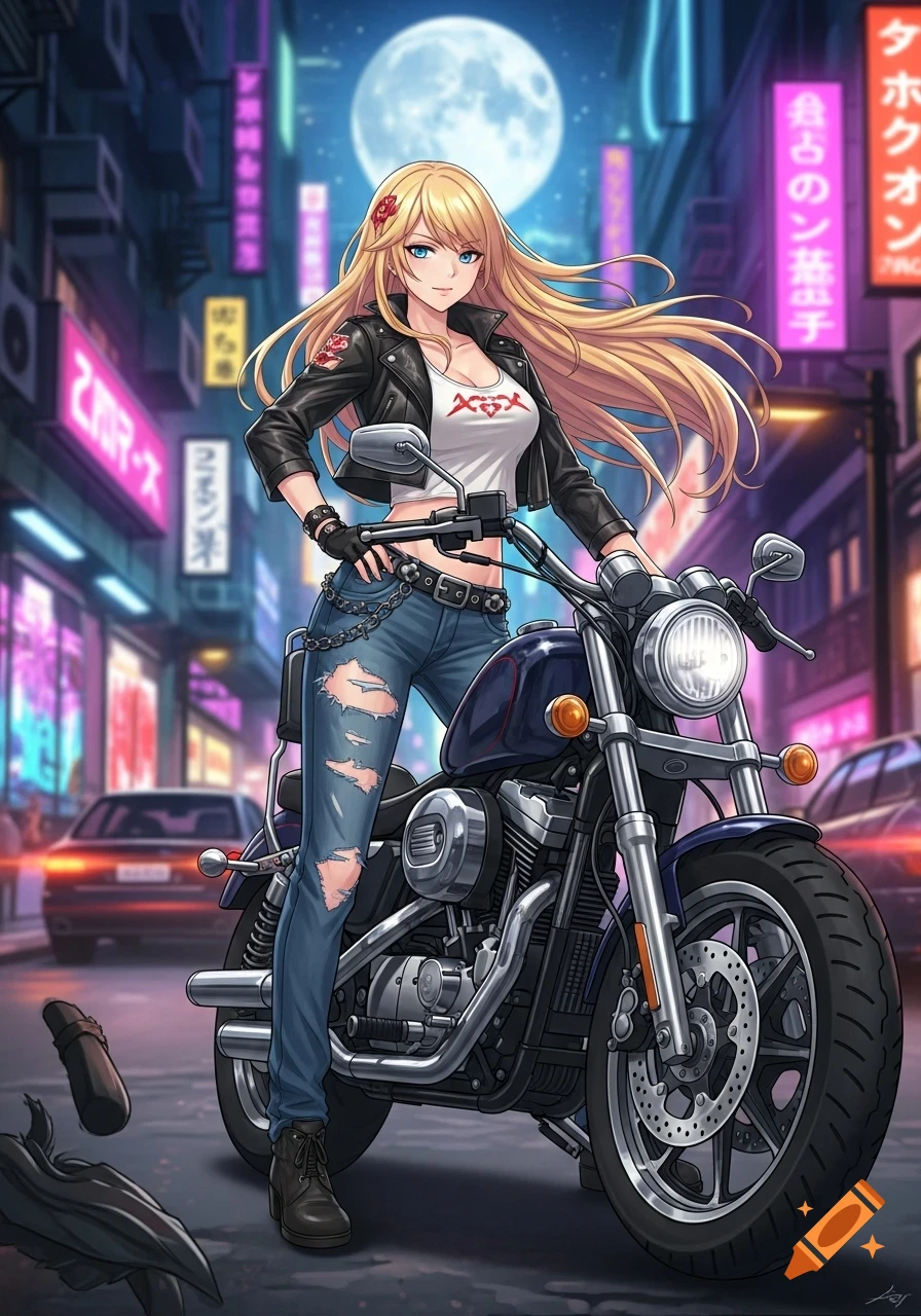 An anime girl with long blonde hair, wearing a black leather jacket and ripped jeans, stands next to a motorcycle under a full moon in a vibrant neon cityscape.