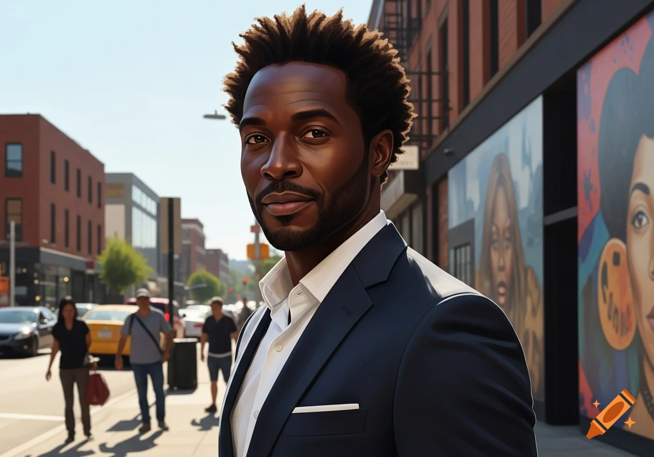 A photorealistic portrait of an Afro-American man in a dark suit standing on a sunny city street.