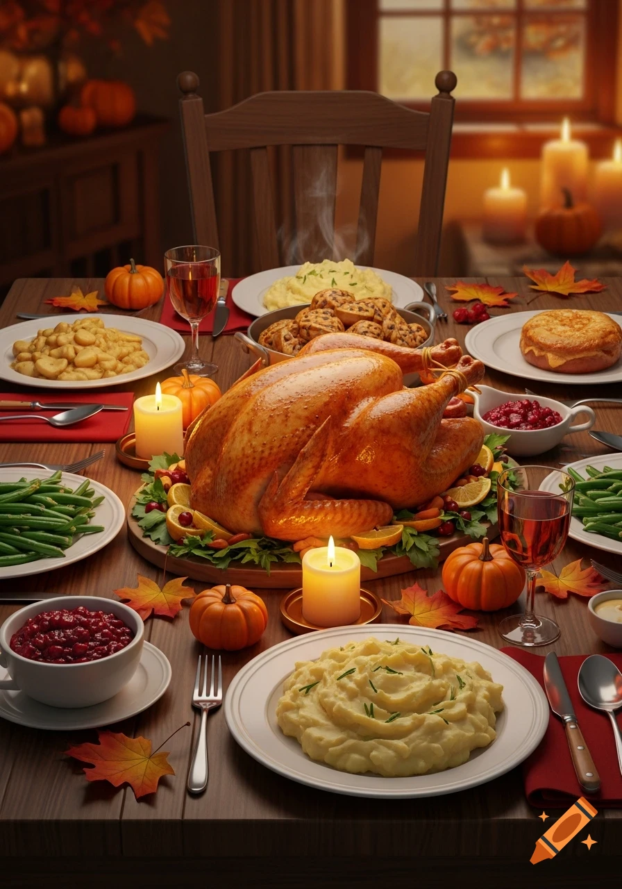 A bountiful Thanksgiving dinner table set with a roasted turkey, mashed potatoes, green beans, cranberries, candles, and autumn leaves, in a warm, inviting setting.