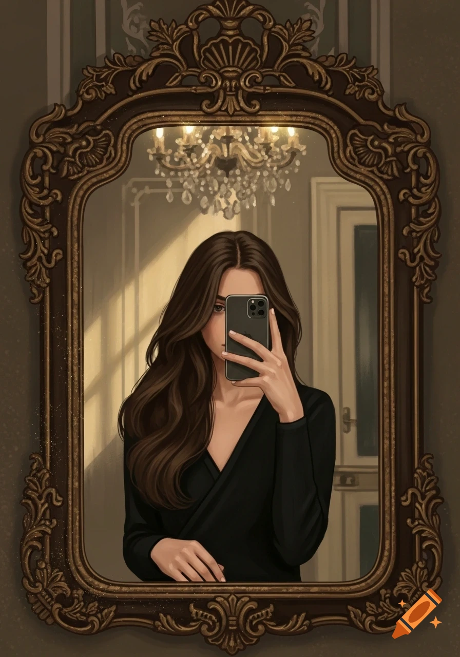 Stylized illustration of a woman with long brown hair taking a mirror selfie, showing an ornate mirror frame and a chandelier reflection.