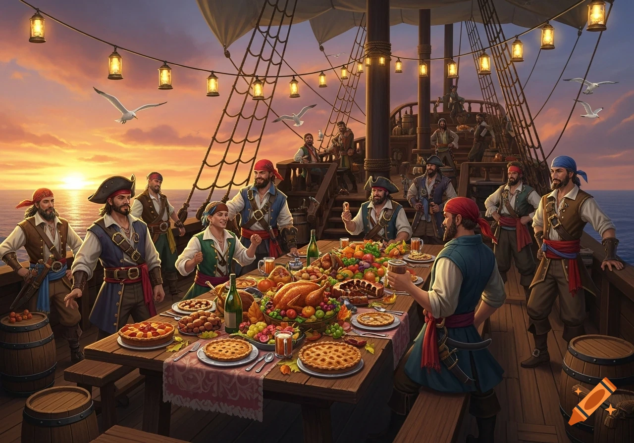 Pirates celebrate a Thanksgiving feast on a ship deck at sunset.